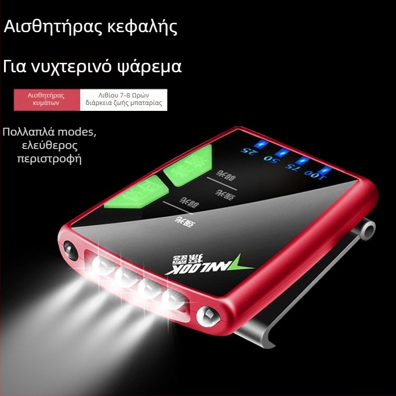 Φακός κεφαλής για νυχτερινό ψάρεμα - επαναφορτιζόμενος LED με διακόπτη επαγωγής, ελαφριά πλαστική κατασκευή, εμβέλεια έως 200–500 μέτρα