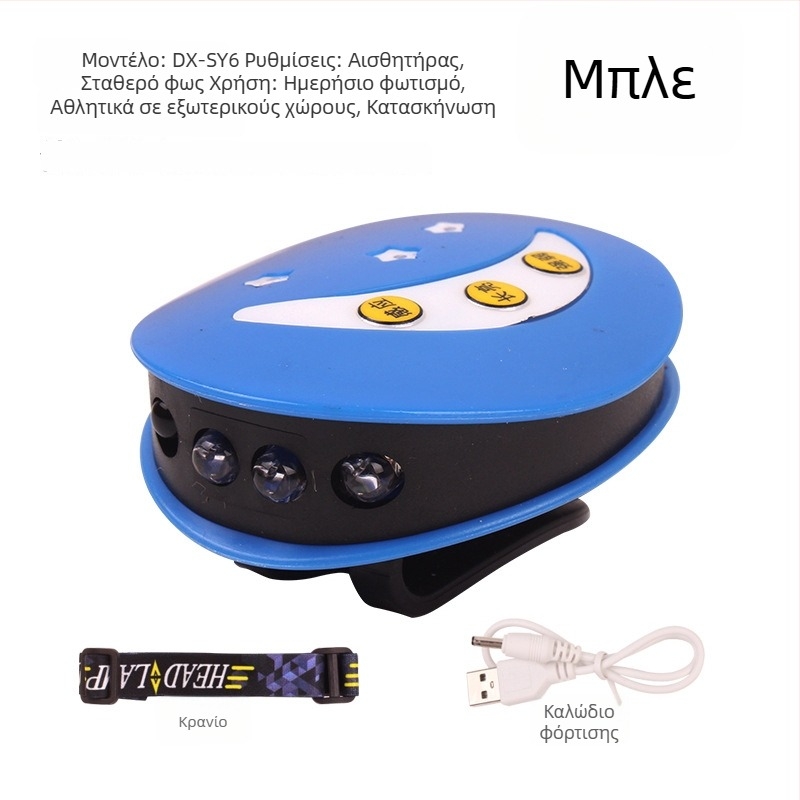 Φακός κεφαλής για νυχτερινό ψάρεμα - επαναφορτιζόμενος LED με διακόπτη επαγωγής, ελαφριά πλαστική κατασκευή, εμβέλεια έως 200–500 μέτρα