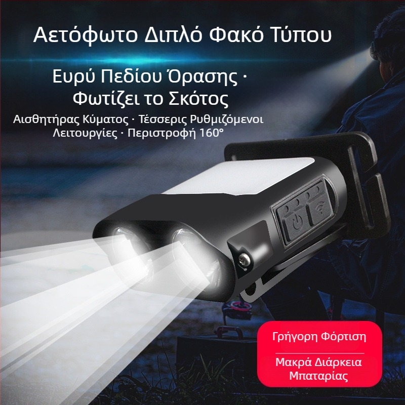Φακός κεφαλής για νυχτερινό ψάρεμα - επαναφορτιζόμενος LED με διακόπτη επαγωγής, ελαφριά πλαστική κατασκευή, εμβέλεια έως 200–500 μέτρα