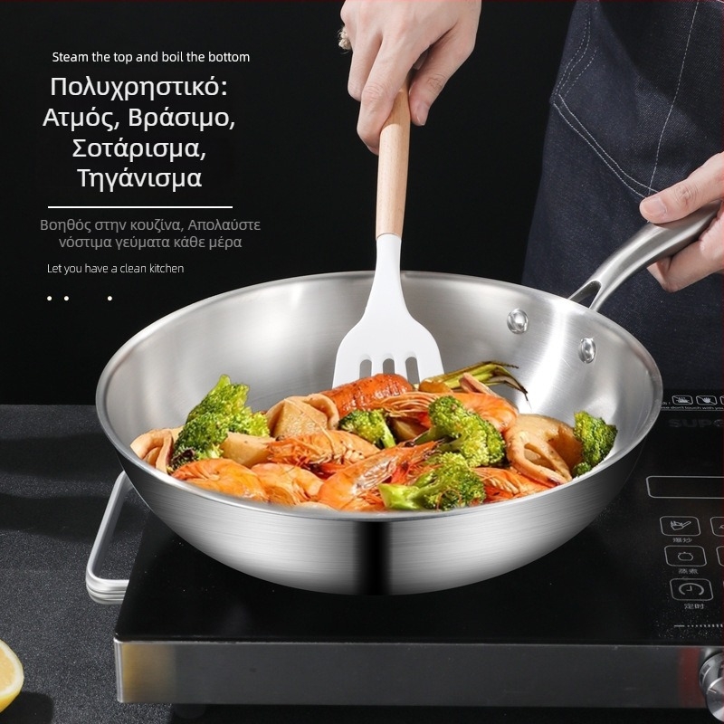 Wok με βάση από τρία στρώματα από 304 ανοξείδωτο χάλυβα, γυάλινο καπάκι, βάθος 9 cm, συμβατό με εστίες επαγωγής και αερίου