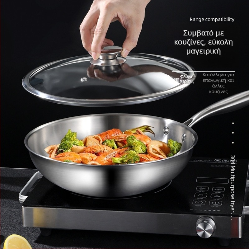 Wok με βάση από τρία στρώματα από 304 ανοξείδωτο χάλυβα, γυάλινο καπάκι, βάθος 9 cm, συμβατό με εστίες επαγωγής και αερίου