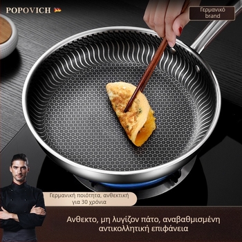 Ανοξείδωτο τηγάνι 316L χωρίς επίστρωση, με πολύ-στρωτό πάτο, συμβατό με επαγωγικές και γκαζιού εστίες, καπάκι από ανοξείδωτο με γυάλινο κάλυμμα
