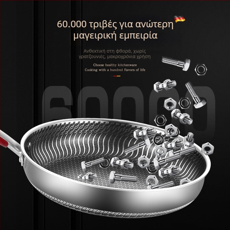 Ανοξείδωτο τηγάνι 316L χωρίς επίστρωση, με πολύ-στρωτό πάτο, συμβατό με επαγωγικές και γκαζιού εστίες, καπάκι από ανοξείδωτο με γυάλινο κάλυμμα
