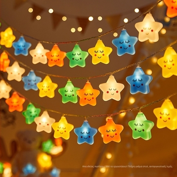 LED κορδέλα με άστρα, σύννεφα και ουράνιο τόξο (IP43 προστασία; τροφοδοσία με μπαταρία; 10–100 LED δίοδοι; ρυθμιζόμενη ένταση φωτισμού; χειροκίνητος έλεγχος)