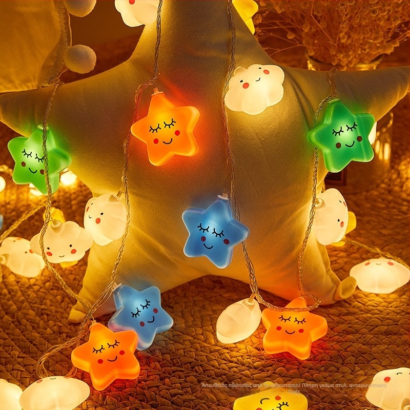 LED κορδέλα με άστρα, σύννεφα και ουράνιο τόξο (IP43 προστασία; τροφοδοσία με μπαταρία; 10–100 LED δίοδοι; ρυθμιζόμενη ένταση φωτισμού; χειροκίνητος έλεγχος)