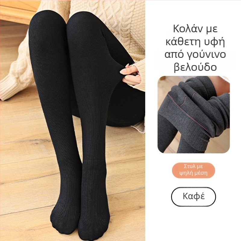 Γυναικείες κάλτσες με κάθετες ρίγες για άνοιξη-φθινόπωρο, με πόδι, βαμβακερή ανάμειξη, φλίς επένδυση, ριβ ύφανση, ένα κομμάτι