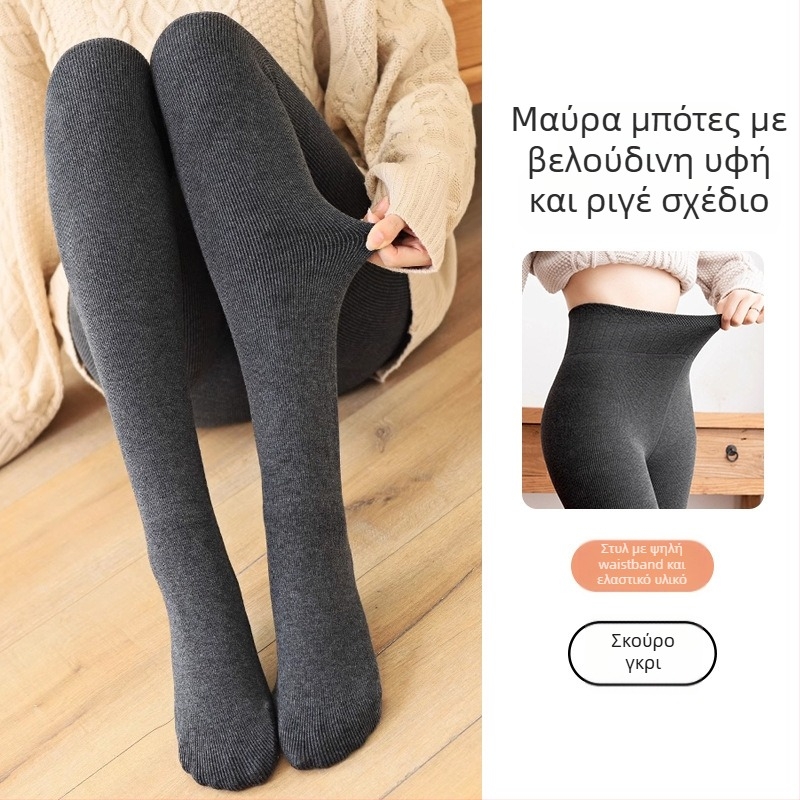 Γυναικείες κάλτσες με κάθετες ρίγες για άνοιξη-φθινόπωρο, με πόδι, βαμβακερή ανάμειξη, φλίς επένδυση, ριβ ύφανση, ένα κομμάτι