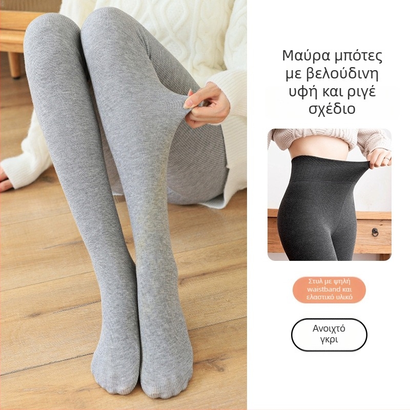 Γυναικείες κάλτσες με κάθετες ρίγες για άνοιξη-φθινόπωρο, με πόδι, βαμβακερή ανάμειξη, φλίς επένδυση, ριβ ύφανση, ένα κομμάτι