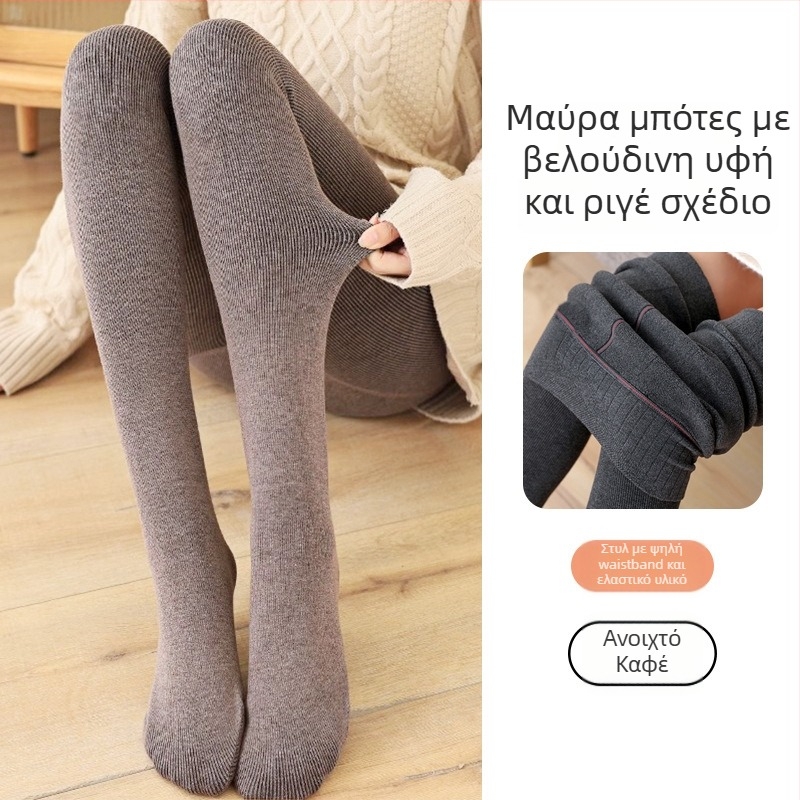 Γυναικείες κάλτσες με κάθετες ρίγες για άνοιξη-φθινόπωρο, με πόδι, βαμβακερή ανάμειξη, φλίς επένδυση, ριβ ύφανση, ένα κομμάτι