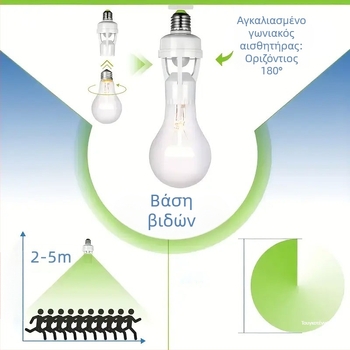 Λαμπτήρας με βάση E27 και PIR αισθητήρα – ρυθμιζόμενος, για σκάλες και διαδρόμους, 0-440V, καθυστέρηση 1,5 s