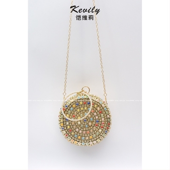 Στρογγυλή τσάντα τύπου drum με χάντρες και κρύσταλλα, πολυεστέρας, χειροποίητη, σκληρή, αλυσίδα