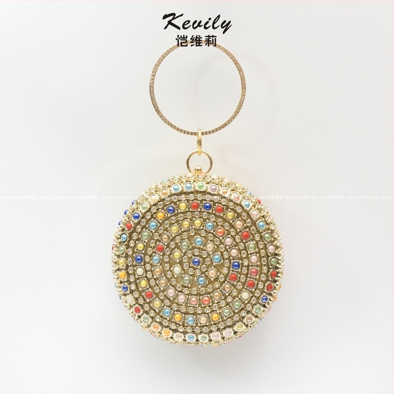 Στρογγυλή τσάντα τύπου drum με χάντρες και κρύσταλλα, πολυεστέρας, χειροποίητη, σκληρή, αλυσίδα