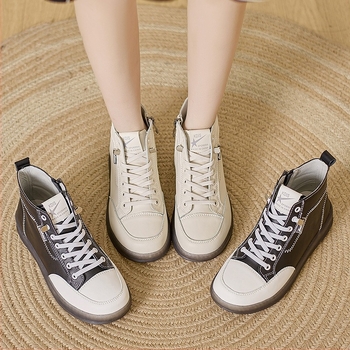 Γυναικείες δερμάτινες ψηλές sneakers με πλευρικό φερμουάρ, σόλα TPR, πάτος PU