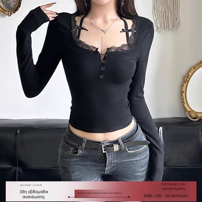 Erjia Slim-fit T‑shirt με μακρύ μανίκι, δαντελένιος φιόγκος και V‑λαιμός