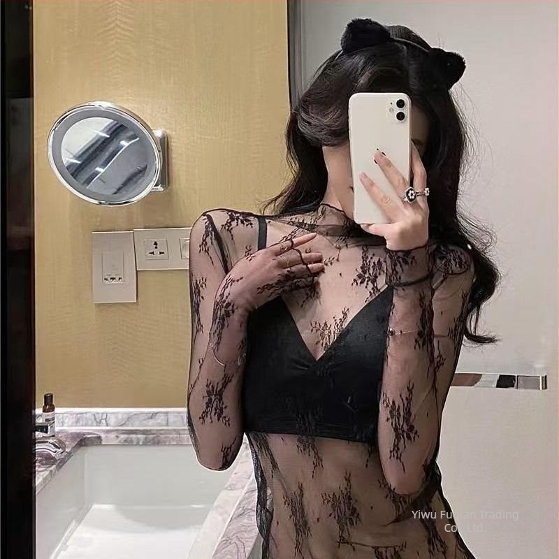 Δαντελένιο τοπ βάσης με κολάρο ημι-υψηλό, μανίκια τύπου πριγκίπισσας, κοντά μανίκια, ύφασμα από μείγμα πολυεστέρα-ελαστον