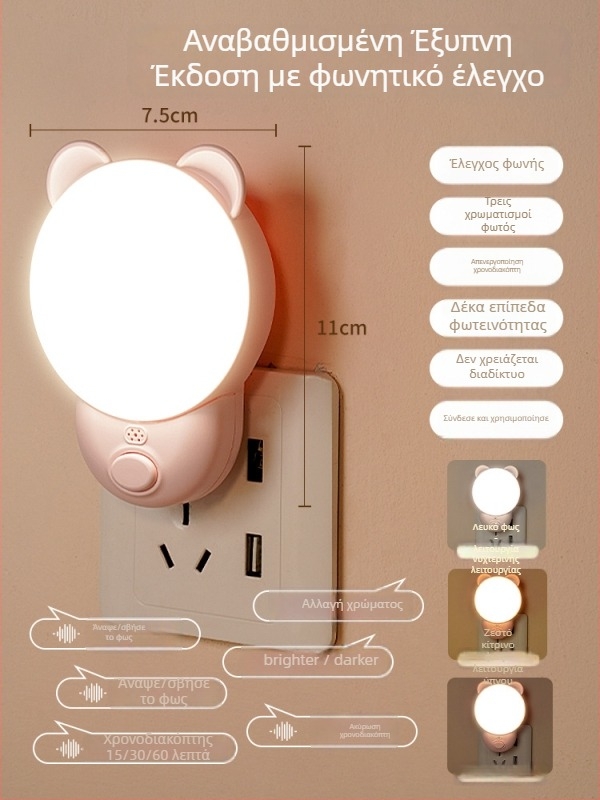 Νυχτερινό φως με φωνητικό έλεγχο για υπνοδωμάτιο (ABS σκιά λαμπτήρα, 220V, τροφοδοσία από πρίζα, έξυπνος έλεγχος)