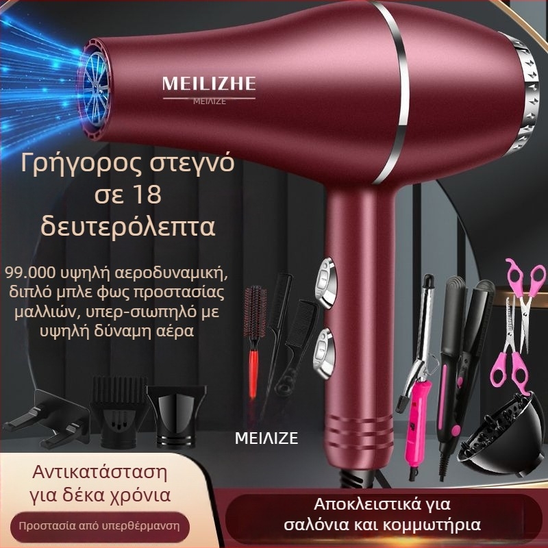 Συσκευή στεγνώματος μαλλιών υψηλής ισχύος, κινητήρας με βούρτσες, έλεγχος ψυχρού/ζεστού αέρα, 3 ταχύτητες ροής, μονή ακροφύσιο, σταθερός έλεγχος θερμοκρασίας