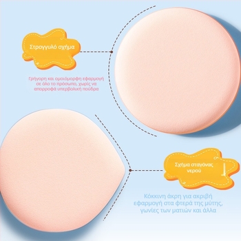 Xixi puff πούδρας για ξηρή και υγρή χρήση, φυσικό σφουγγάρι, 2 τεμάχια, σε σχήμα κύκλου και σταγόνας