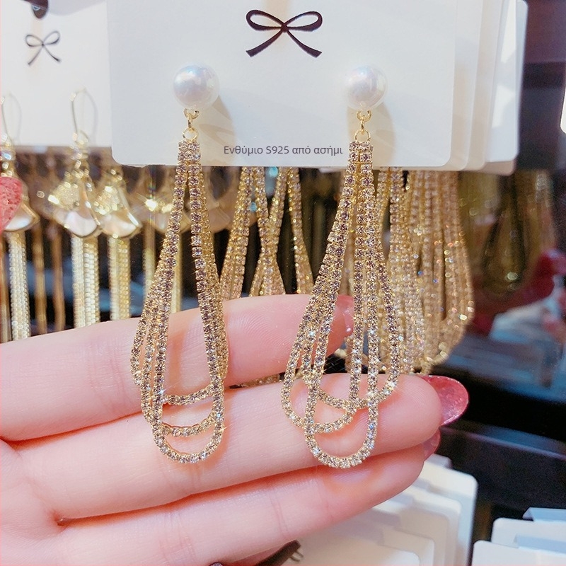 Γυναικείες σκουλαρίκια με τρία επίπεδα κρόσια, επίχρυση επίστρωση σε 925 ασήμι με βελόνα