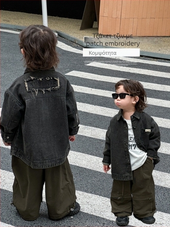 Παιδικό τζιν μπουφάν, κορεατικού στυλ, 100% βαμβάκι, χωρίς κουκούλα, με κούμπωμα σε μία σειρά