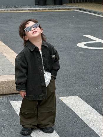 Παιδικό τζιν μπουφάν, κορεατικού στυλ, 100% βαμβάκι, χωρίς κουκούλα, με κούμπωμα σε μία σειρά