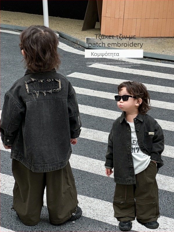 Παιδικό τζιν μπουφάν, κορεατικού στυλ, 100% βαμβάκι, χωρίς κουκούλα, με κούμπωμα σε μία σειρά