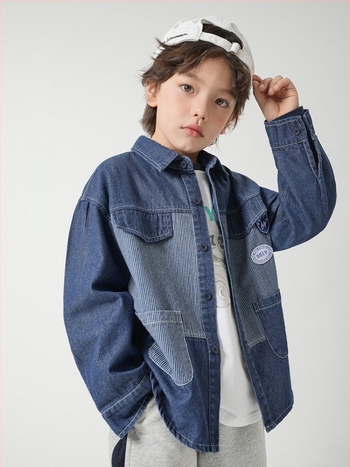Denim πουκάμισο για αγόρια, μείγμα βαμβακιού, μακριά μανίκια, γιακά λάπελ, για άνοιξη-φθινόπωρο