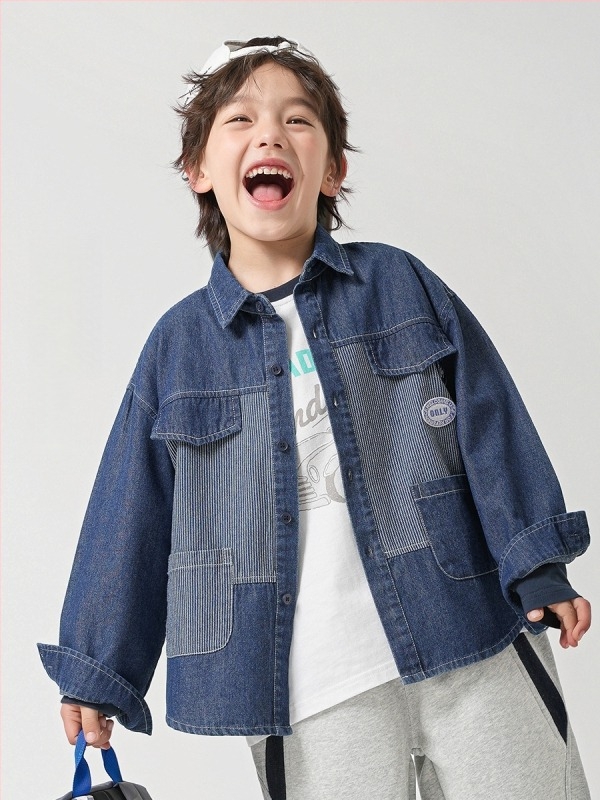 Denim πουκάμισο για αγόρια, μείγμα βαμβακιού, μακριά μανίκια, γιακά λάπελ, για άνοιξη-φθινόπωρο