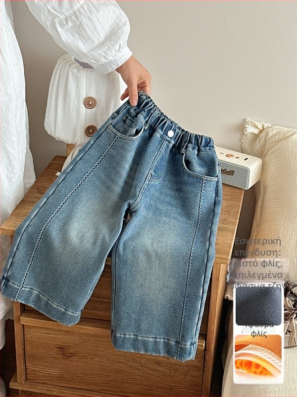 Τζιν για κορίτσια με fleece επένδυση, κορεατικού στυλ, 60% βαμβάκι, σχέδιο καρτούν