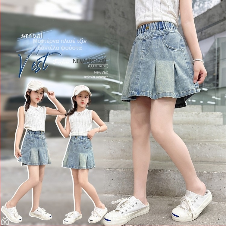 Κοριτσίστικη φούστα τζιν σε Α-форма, μονόχρωμη, καλοκαίρι 2025, για κορίτσια άνω των 8