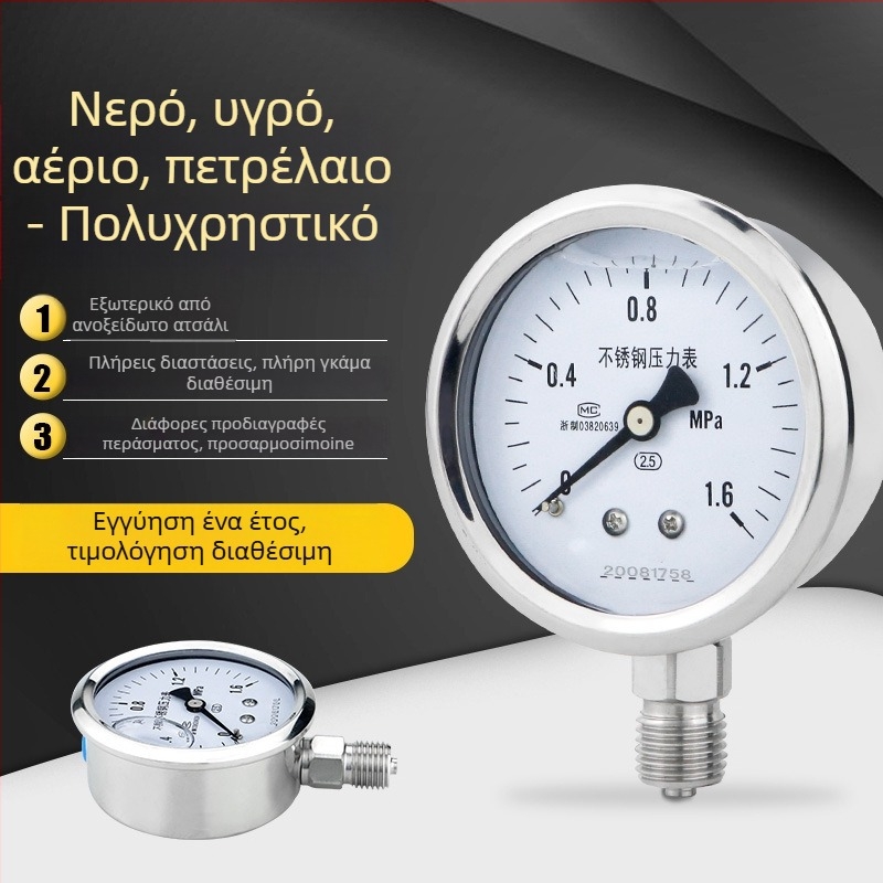 Μετρητής πίεσης από ανοξείδωτο χάλυβα, ανθεκτικός σε κραδασμούς, εύρος μέτρησης 0-60, ακρίβεια 2,5%/1,6%, σύνδεση με νήμα M14x1,5, περιβαλλοντική θερμοκρασία -40 έως 200°C