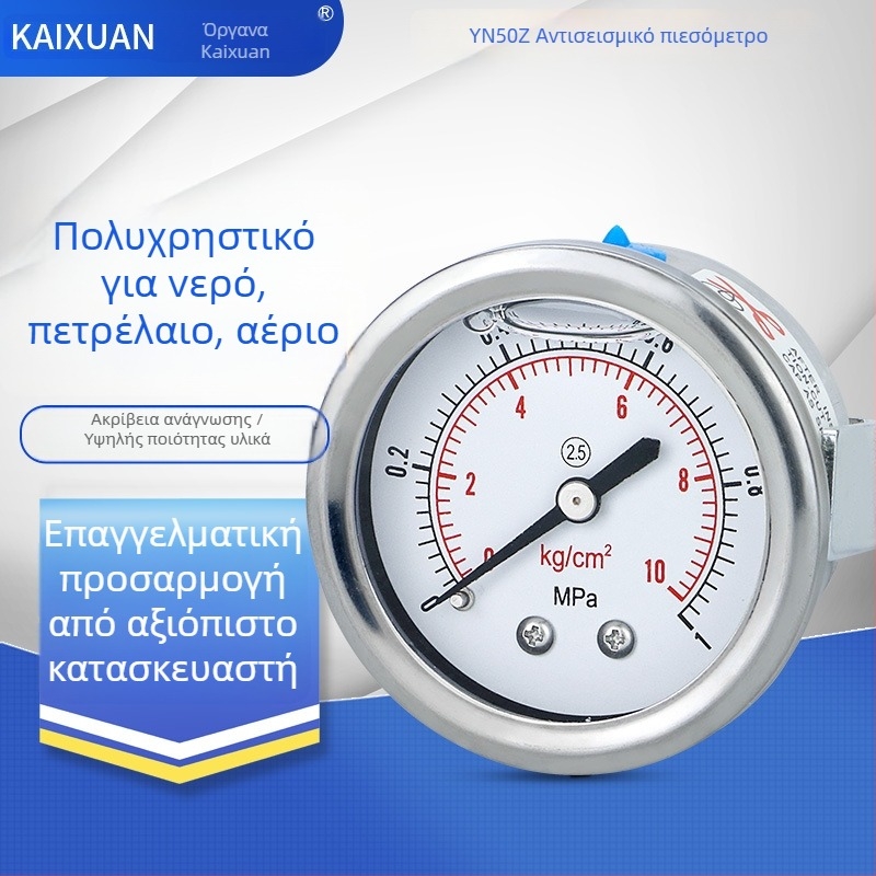 Σεισμικός μετρητής πίεσης YN50Z άξονας, τοποθετούμενος σε πάνελ με εξάρτημα τύπου κλιπ· ακτινωτή σύνδεση με βίδωμα· εύρος μέτρησης 0-60 και -0,1-2,4· ακρίβεια τάξης 2,5
