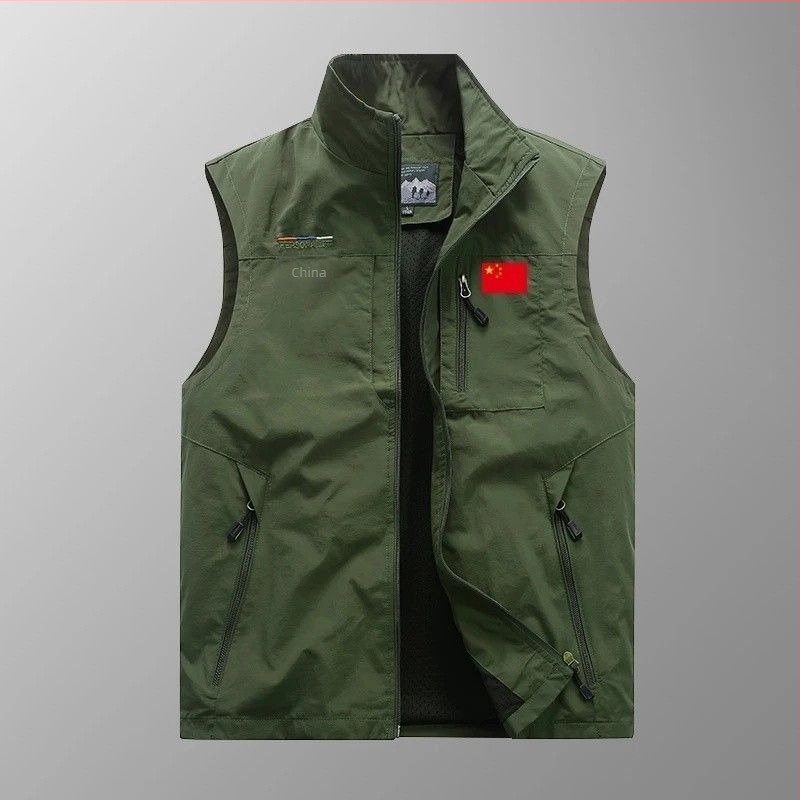 Ανδρικό γιλέκο με κουκούλα, φερμουάρ, στενή γραμμή, ριγέ νάιλον μίγμα, πολλά τσεπάκια