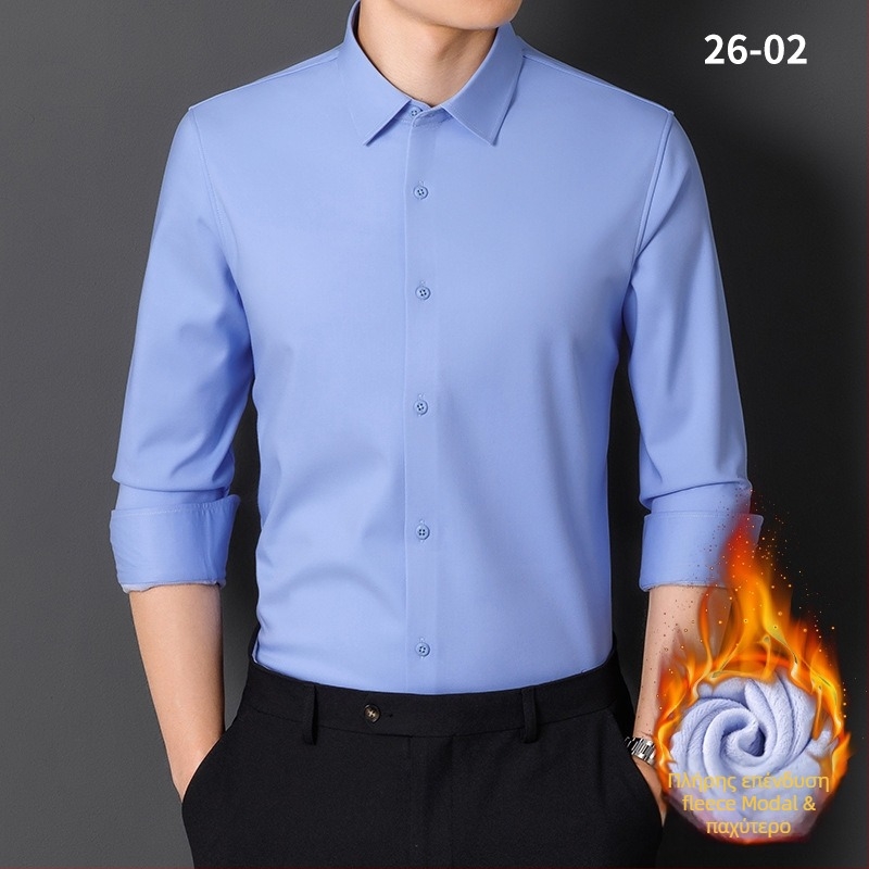 Πουκάμισο από Modal με φλις επένδυση, σταθερός γιακάς, μακριά μανίκια, ριγέ, χαλαρή γραμμή, χωρίς σιδέρωμα, χειμωνιάτικη ζεστασιά, επιχειρηματικό καθημερινό