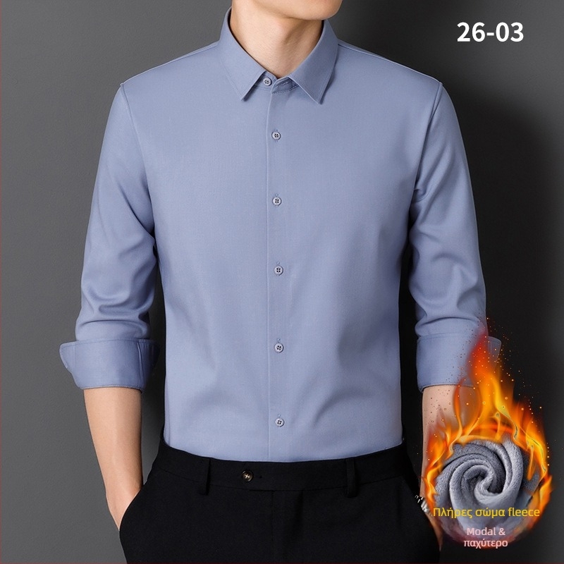 Πουκάμισο από Modal με φλις επένδυση, σταθερός γιακάς, μακριά μανίκια, ριγέ, χαλαρή γραμμή, χωρίς σιδέρωμα, χειμωνιάτικη ζεστασιά, επιχειρηματικό καθημερινό