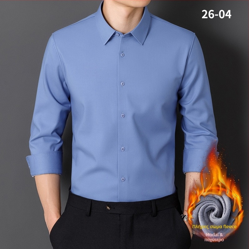 Πουκάμισο από Modal με φλις επένδυση, σταθερός γιακάς, μακριά μανίκια, ριγέ, χαλαρή γραμμή, χωρίς σιδέρωμα, χειμωνιάτικη ζεστασιά, επιχειρηματικό καθημερινό