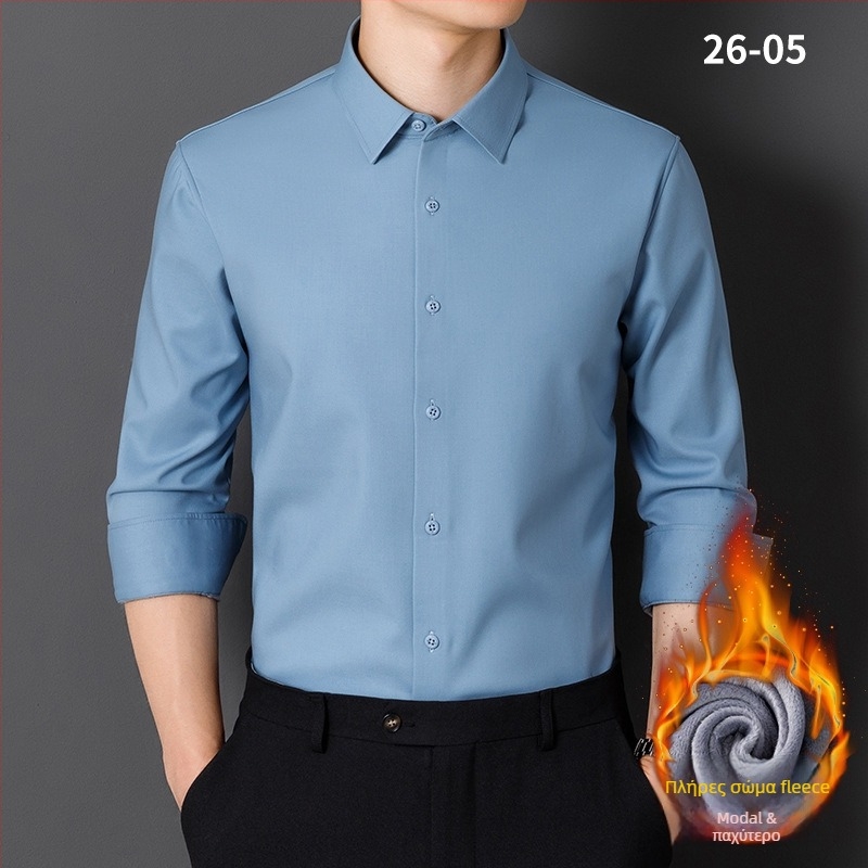 Πουκάμισο από Modal με φλις επένδυση, σταθερός γιακάς, μακριά μανίκια, ριγέ, χαλαρή γραμμή, χωρίς σιδέρωμα, χειμωνιάτικη ζεστασιά, επιχειρηματικό καθημερινό