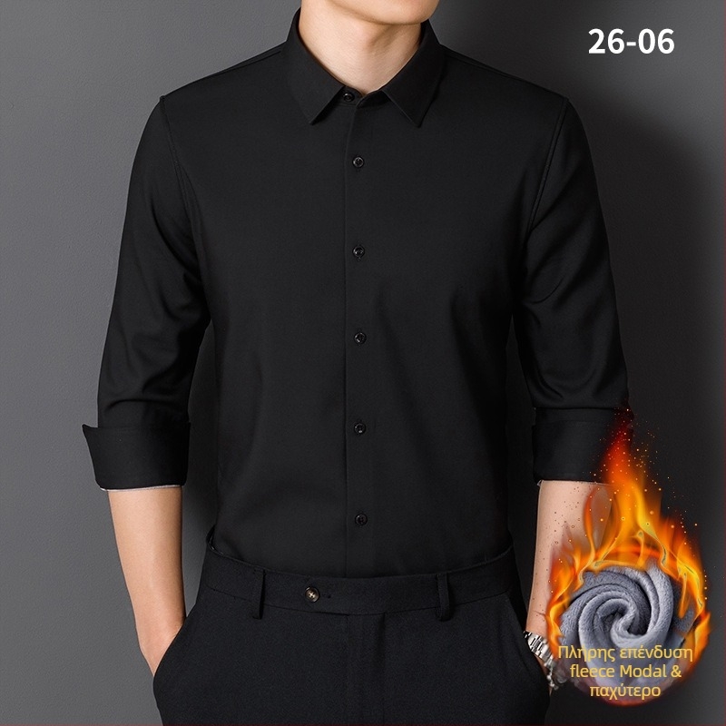 Πουκάμισο από Modal με φλις επένδυση, σταθερός γιακάς, μακριά μανίκια, ριγέ, χαλαρή γραμμή, χωρίς σιδέρωμα, χειμωνιάτικη ζεστασιά, επιχειρηματικό καθημερινό