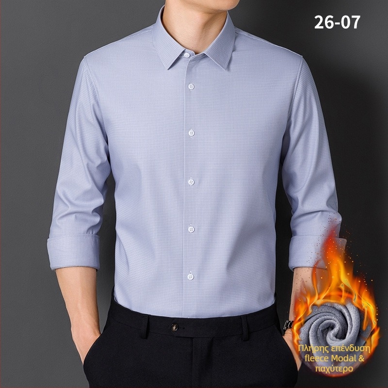 Πουκάμισο από Modal με φλις επένδυση, σταθερός γιακάς, μακριά μανίκια, ριγέ, χαλαρή γραμμή, χωρίς σιδέρωμα, χειμωνιάτικη ζεστασιά, επιχειρηματικό καθημερινό