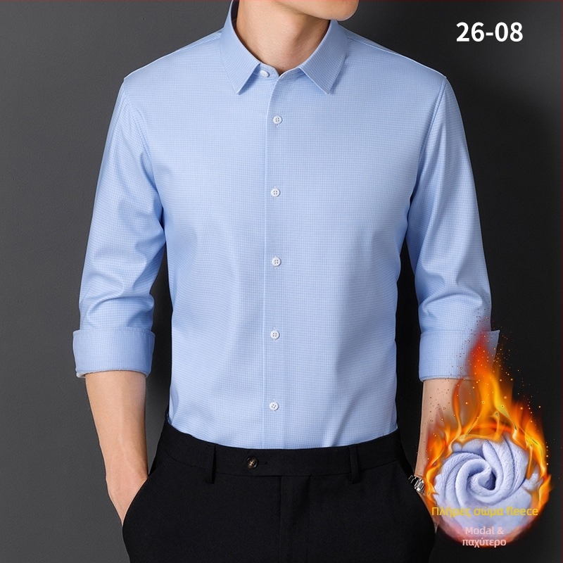 Πουκάμισο από Modal με φλις επένδυση, σταθερός γιακάς, μακριά μανίκια, ριγέ, χαλαρή γραμμή, χωρίς σιδέρωμα, χειμωνιάτικη ζεστασιά, επιχειρηματικό καθημερινό