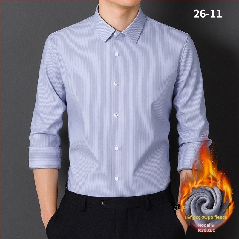 Πουκάμισο από Modal με φλις επένδυση, σταθερός γιακάς, μακριά μανίκια, ριγέ, χαλαρή γραμμή, χωρίς σιδέρωμα, χειμωνιάτικη ζεστασιά, επιχειρηματικό καθημερινό
