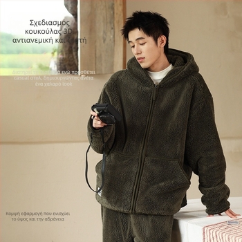 Ανδρικό σετ πιτζάμες με κουκούλα από παχύ βελούδο – στυλ ζακέτας, V-λαιμόκοψη, μακριά μανίκια, παχύ ύφασμα 401–500 g/m², κατάλληλο για χειμώνα, άνοιξη και φθινοπωρο