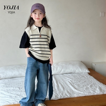 Πλεκτό γιλέκο κοριτσιών, κορεατικό στυλ, χωρίς μανίκια, V-λαιμός, πολυεστέρας, άνοιξη 2025