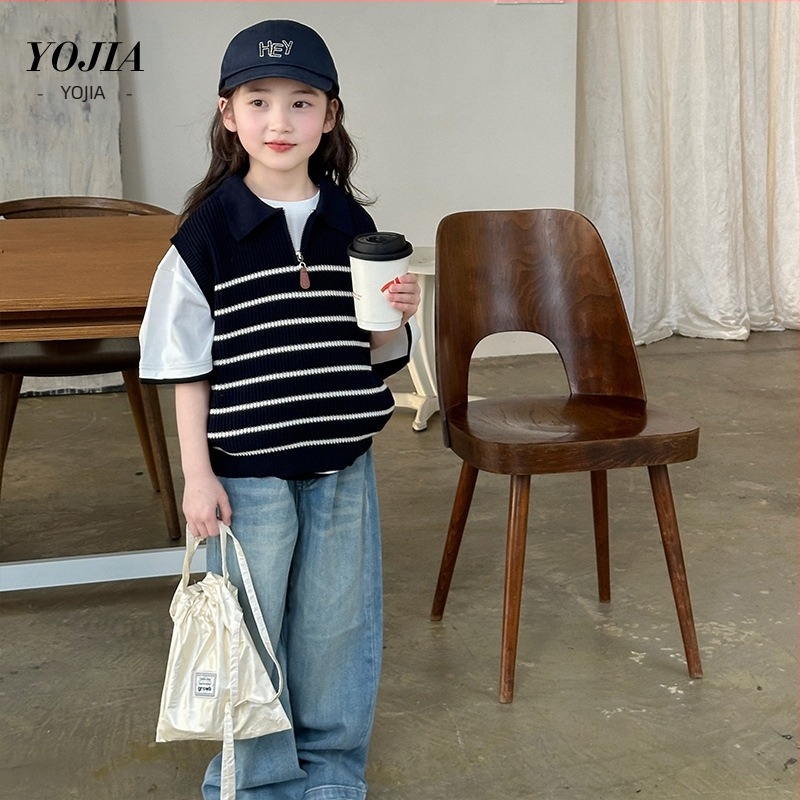 Πλεκτό γιλέκο κοριτσιών, κορεατικό στυλ, χωρίς μανίκια, V-λαιμός, πολυεστέρας, άνοιξη 2025