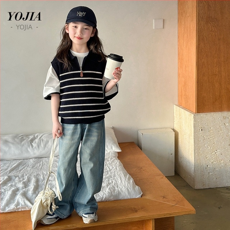 Πλεκτό γιλέκο κοριτσιών, κορεατικό στυλ, χωρίς μανίκια, V-λαιμός, πολυεστέρας, άνοιξη 2025