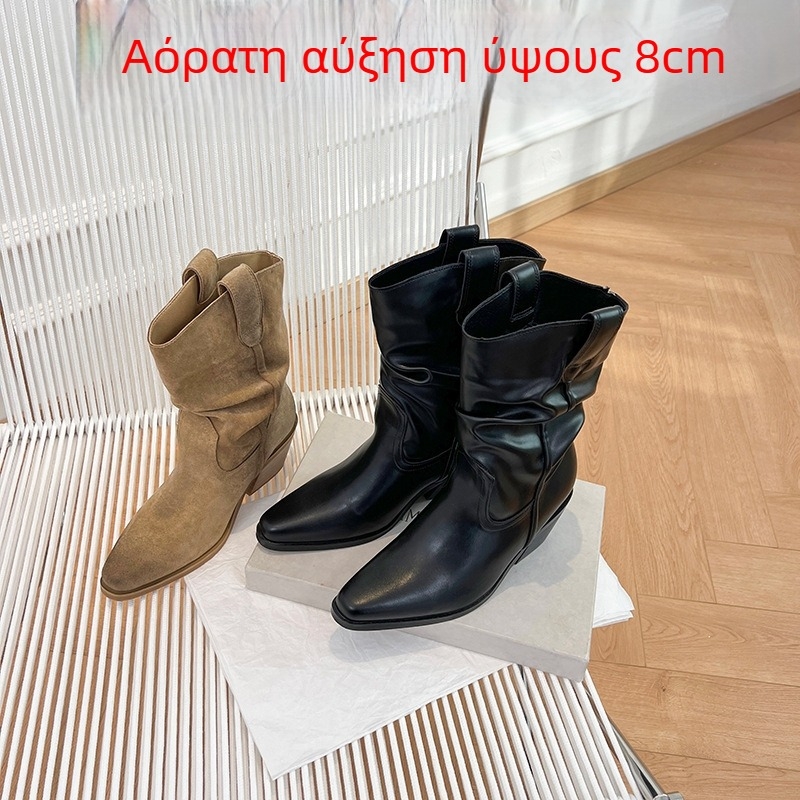 Γυναικείες σουέντ καουμπόϊκες μπότες με μυτερό δάχτυλο, χοντρό τακούνι 6–8 cm, σόλα από καουτσούκ, ρετρό στυλ