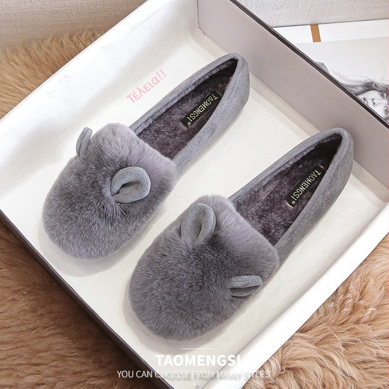 Γυναικεία χειμωνιάτικα βαμβακερά παπούτσια με γούνινη επένδυση, χαμηλό ύψος, στρογγυλός δάχτυλος, επίπεδη σόλα, άνω μέρος από συνθετικό υλικό