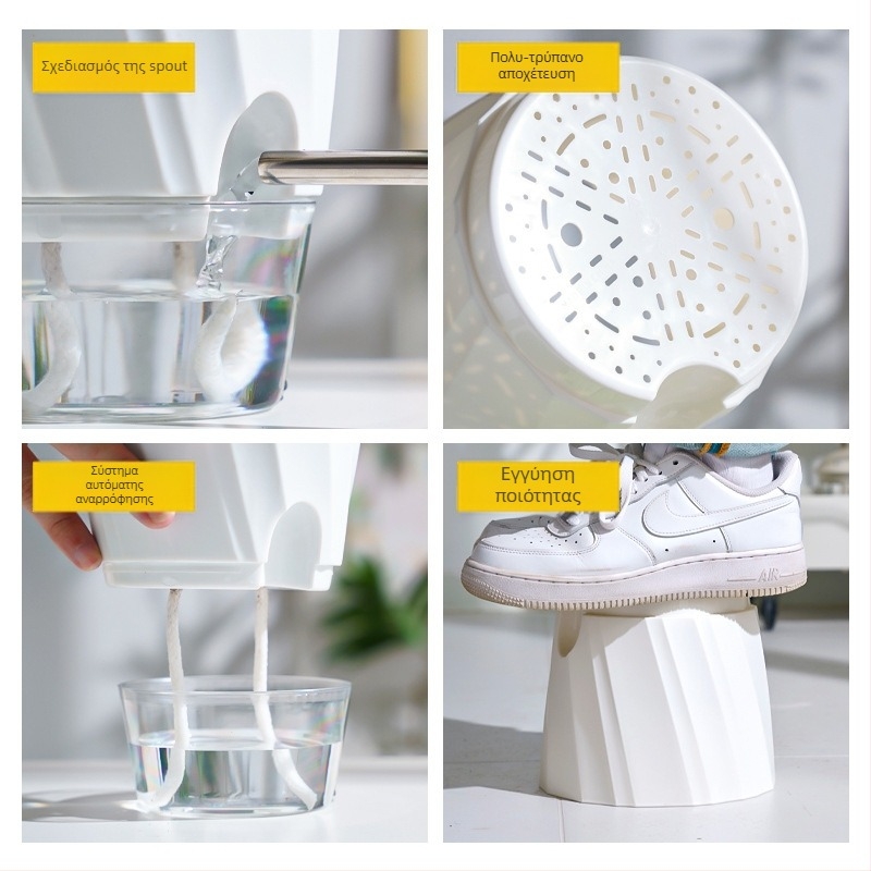 Γλάστρα με αυτοπότισμα, διαφανές πλαστικό σώμα, ανθεκτικό στη διάβρωση και ανθεκτικό; κατάλληλη για επιτραπέζια ή όρθια τοποθέτηση, βορειοευρωπαϊκό μινιμαλιστικό σχέδιο, κατασκευασμένη με έγχυση.