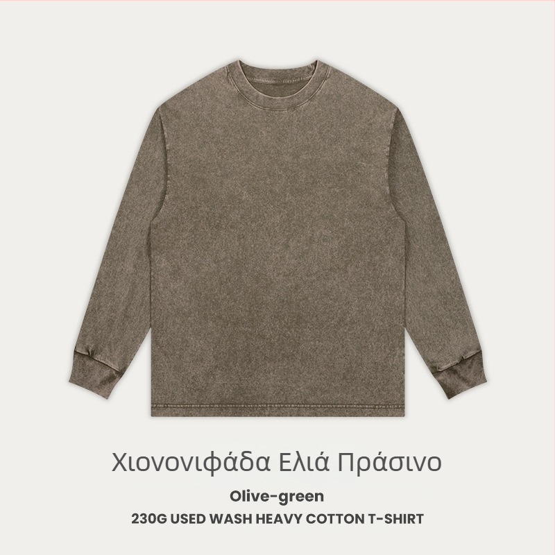 Ρετρό βαμβακερό T‑shirt, χαλαρή εφαρμογή, μακριά ραγκλαν μανίκια, στρογγυλή λαιμόκοψη, 230 g βαμβάκι