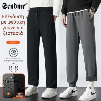 Παντελόνια μέσης ηλικίας για άνδρες, καθημερινά, ευθείας γραμμής, fleece επένδυση, χειμώνας 2025.